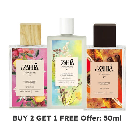 Shop Zahia's Floral Desire + Powder Musk + Amber Noir Perfumes (50ml)