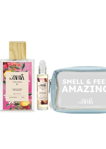 Zahia Perfumes Floral Desire Eau de Parfum & Perfume Oils: Powder Musk + Vanilla Latte Set